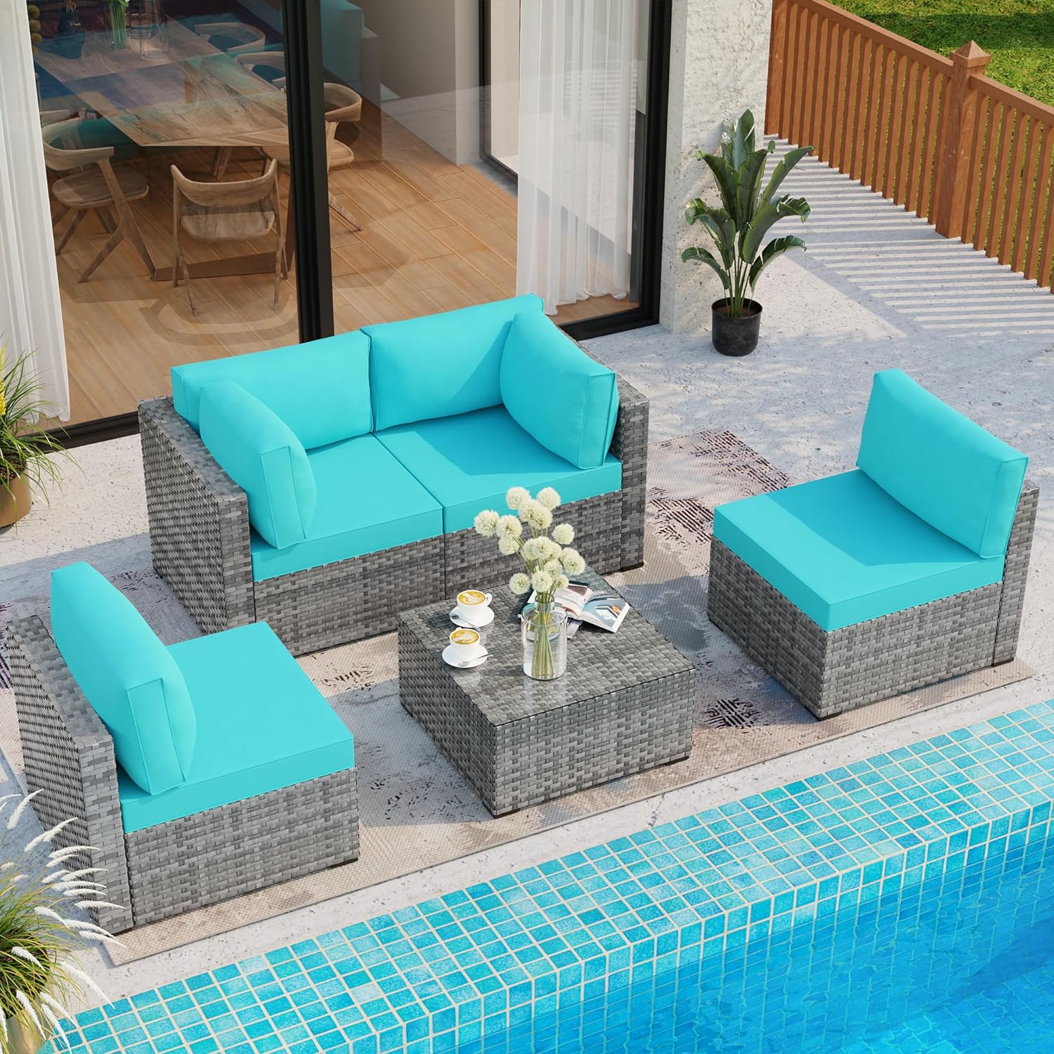 Shintenchi 5 Pieces Outdoor Patio Sectional Sofa Couch, Silver Gray PE Wicker Furniture Conversation Sets with Washable Cushions & Glass Coffee Table for Garden, Poolside, Backyard (Aegean Blue)