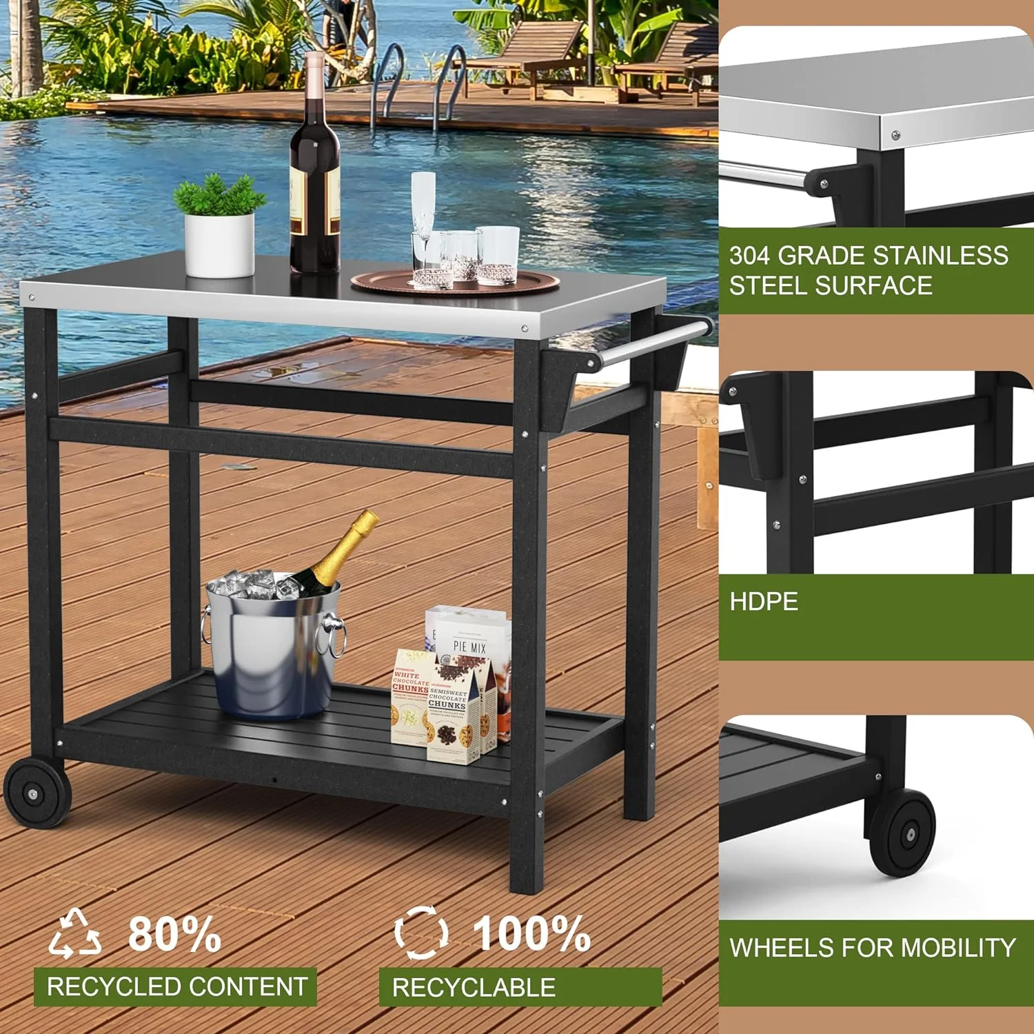Outdoor Prep Cart Dining Table for Pizza Oven, Patio Grilling, and Backyard BBQ