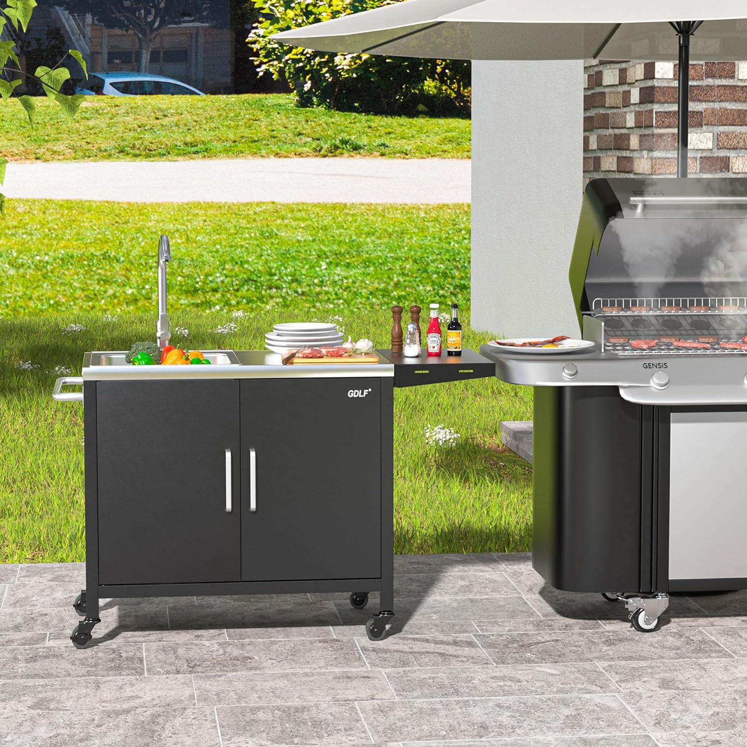 Outdoor Grill Table with Stainless Steel Sink - Metal Grill Cart Kitchen Island