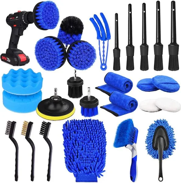 NIKCOSMK 26pcs Car Detailing Brush Set, Car Detailing Kit, Auto Detailing Drill Brush Set, Car Detailing Brushes, Car Buffing Sponge Pads Kit, Car Cleaning