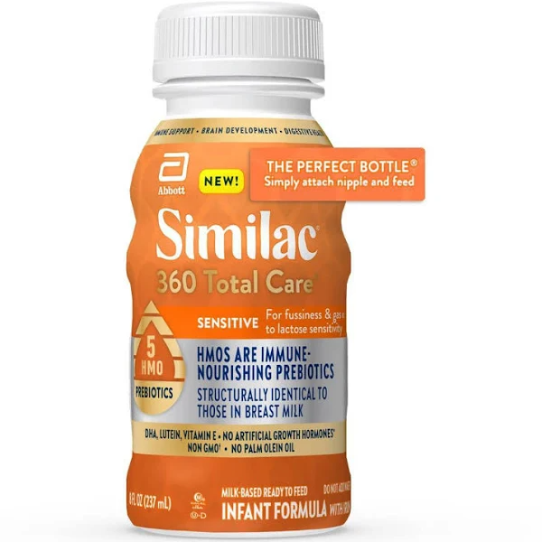 Similac 360 Total Care Infant Formula with Iron, Milk-Based, Ready to Feed, Sensitive - 6 pack, 8 fl oz bottles