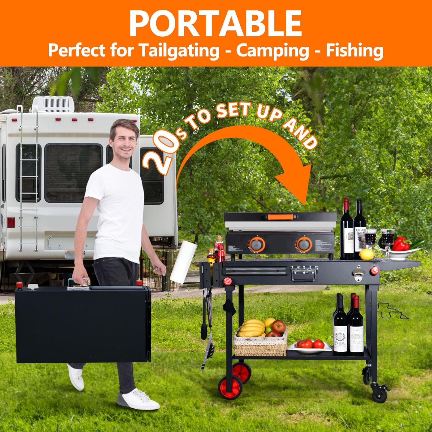 Portable Outdoor Grill Table with Wheels - Fits 17�� or 22�� Tabletop Grill
