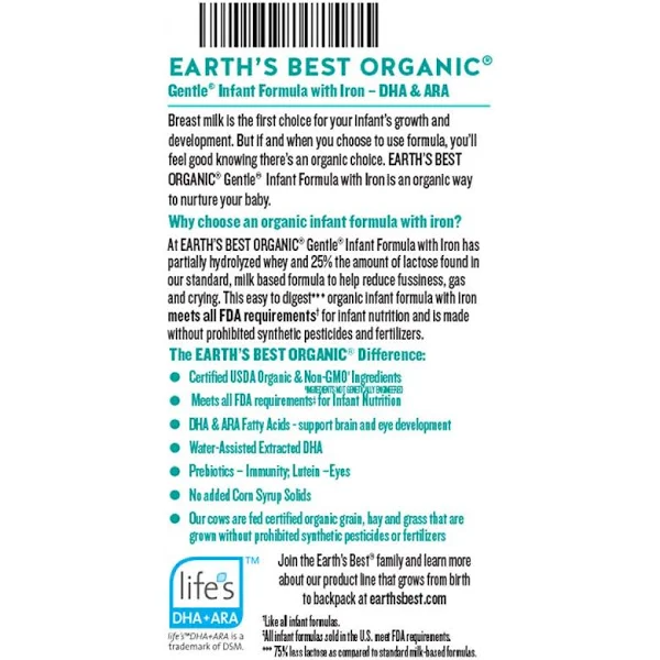 Earth's Best Organic Gentle Infant Formula with Iron, Milk-Based Powder - 21 oz