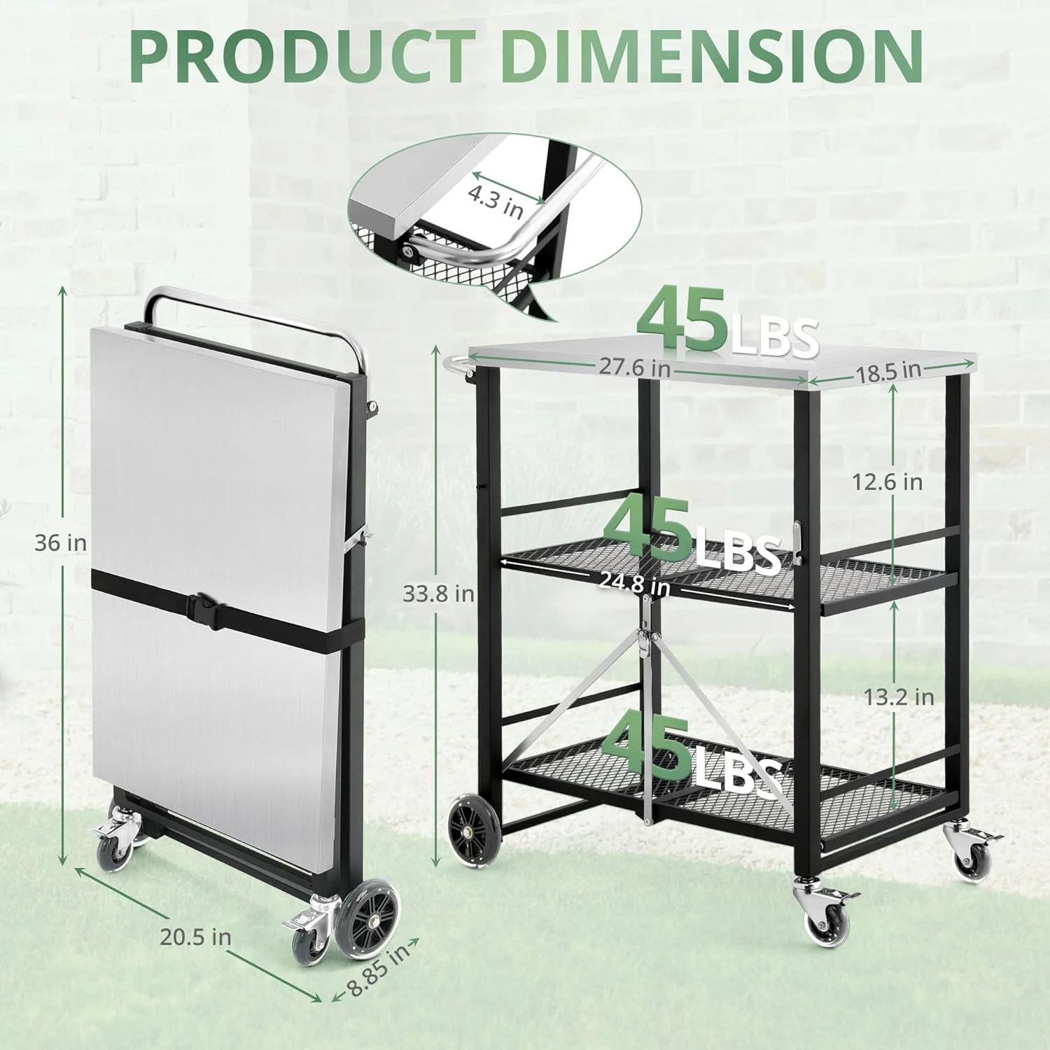 Foldable Outdoor Grill Cart with Total Lock Casters - Stainless Steel Pizza Oven Stand