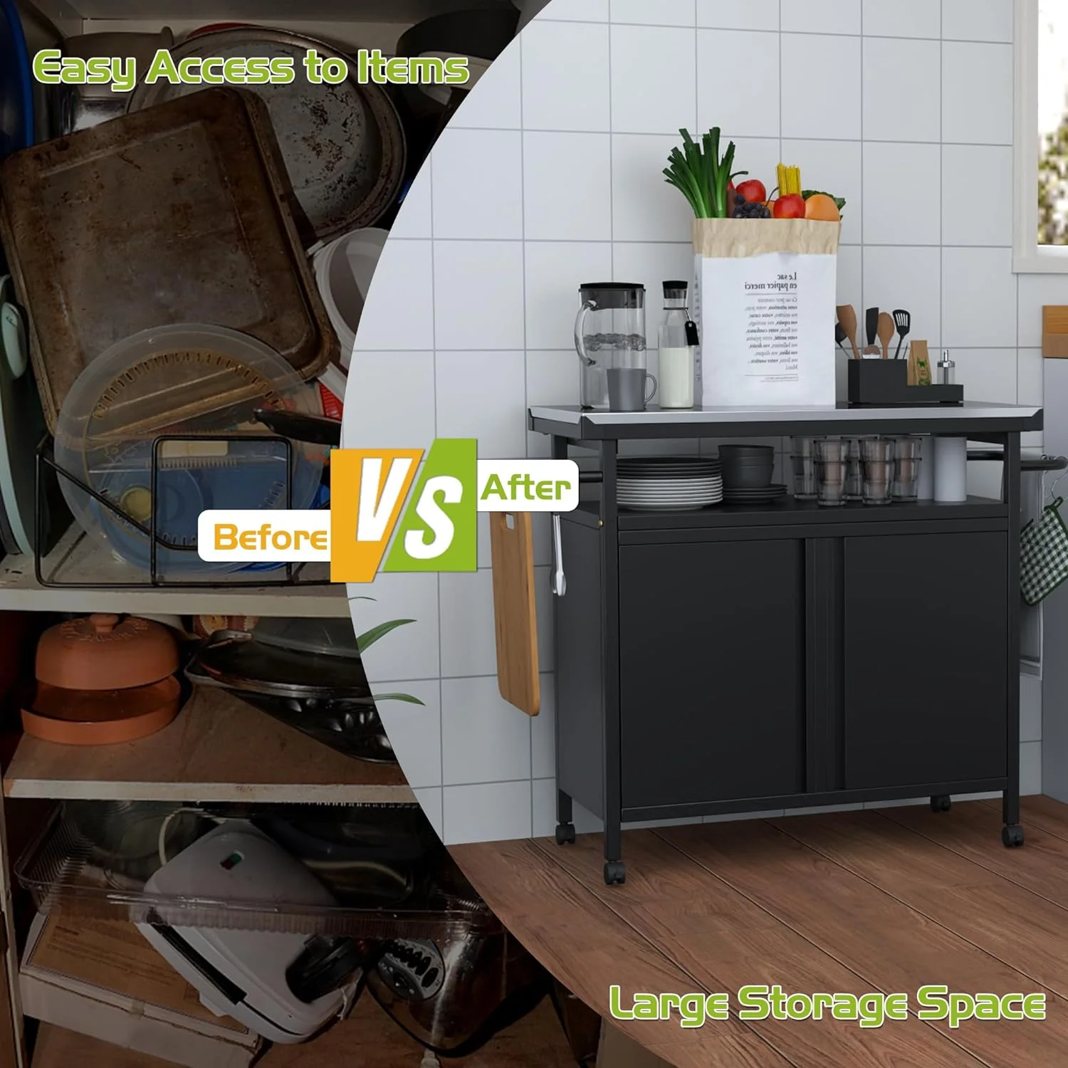 Outdoor Grill Cart with Stainless Steel Top and Storage, Black