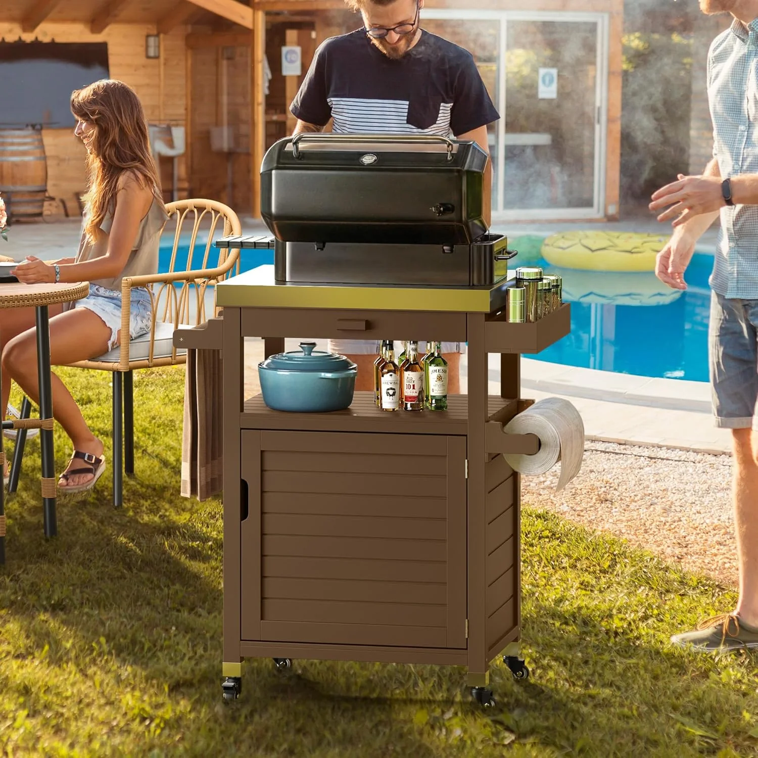 Solid Wood Outdoor Grill Cart with Stainless Steel Top, Brown