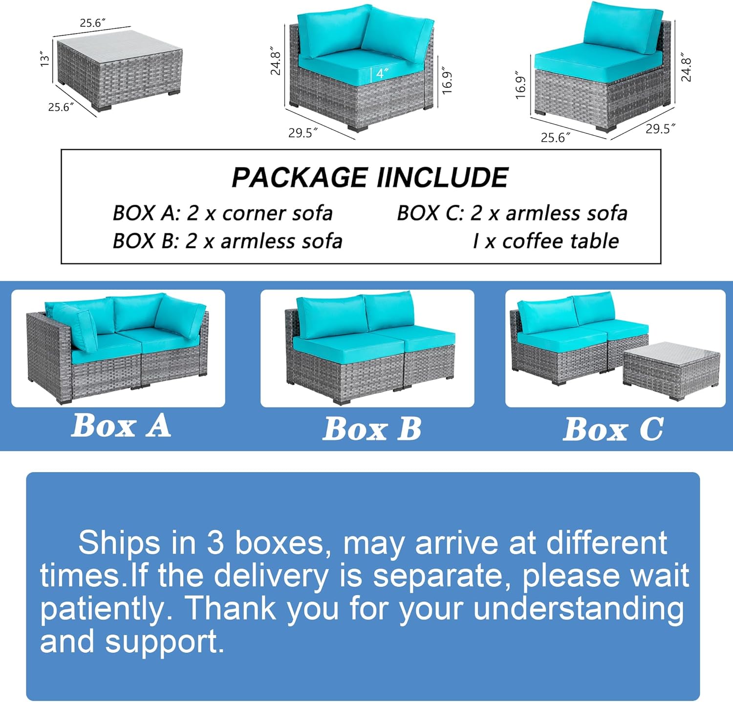 Shintenchi 5 Pieces Outdoor Patio Sectional Sofa Couch, Silver Gray PE Wicker Furniture Conversation Sets with Washable Cushions & Glass Coffee Table for Garden, Poolside, Backyard (Aegean Blue)