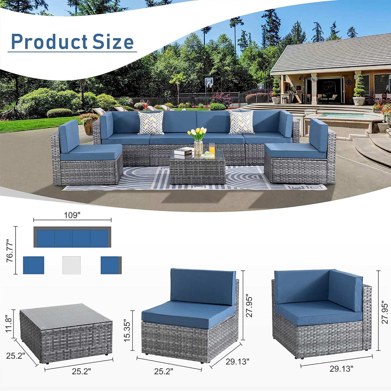 Shintenchi 5 Pieces Outdoor Patio Sectional Sofa Couch, Silver Gray PE Wicker Furniture Conversation Sets with Washable Cushions & Glass Coffee Table for Garden, Poolside, Backyard (Aegean Blue)