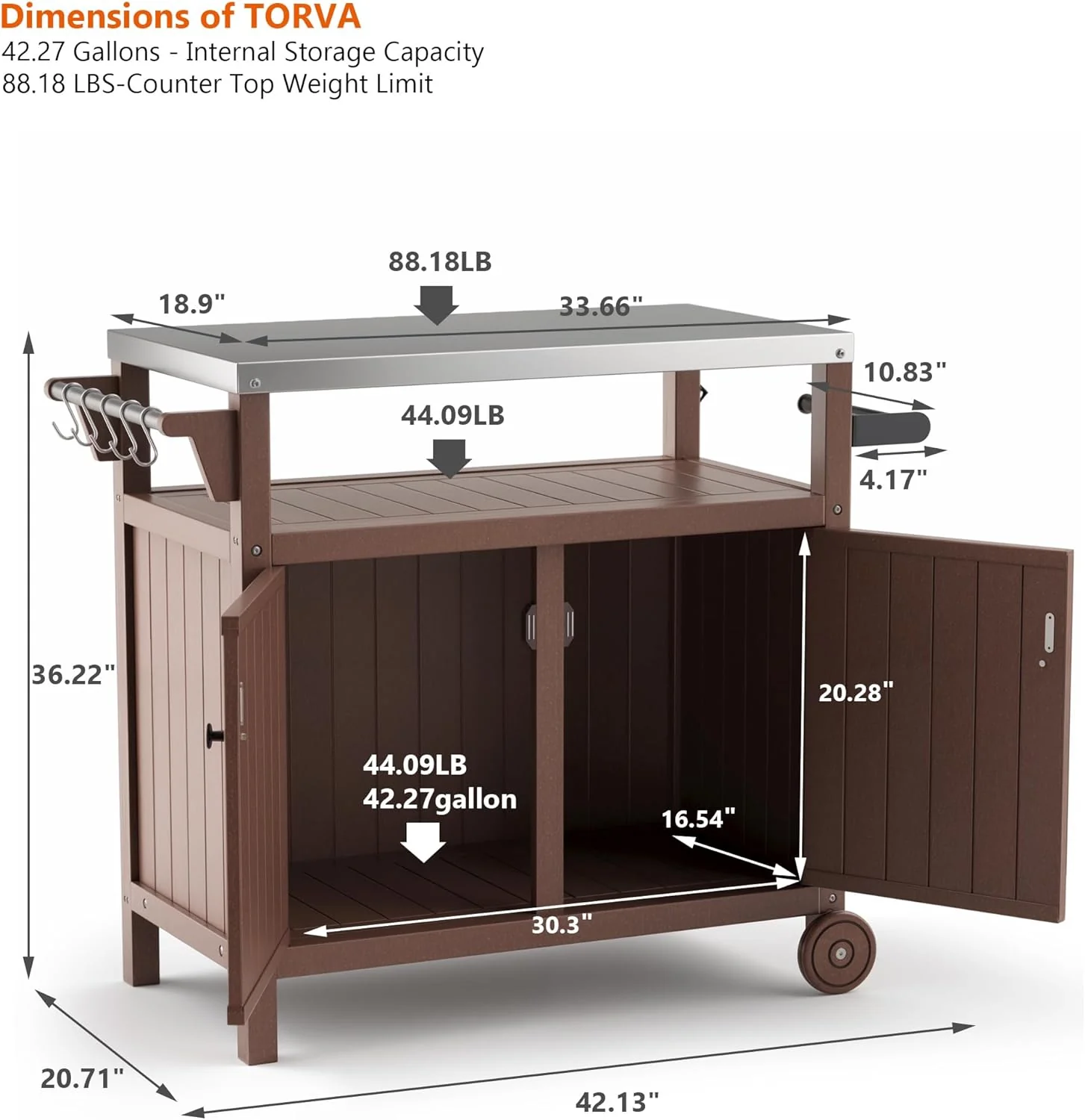 Portable Outdoor Grill Prep Table with Storage, Waterproof Grill Cabinet, Stainless-Steel Tabletop Kitchen Island, BBQ Cart with Wheels and Hooks | Brown