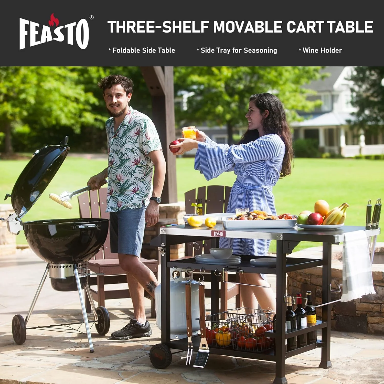 3-Shelf Outdoor Grill Table | Indoor & Outdoor Pizza Oven Station, Movable Prep Table