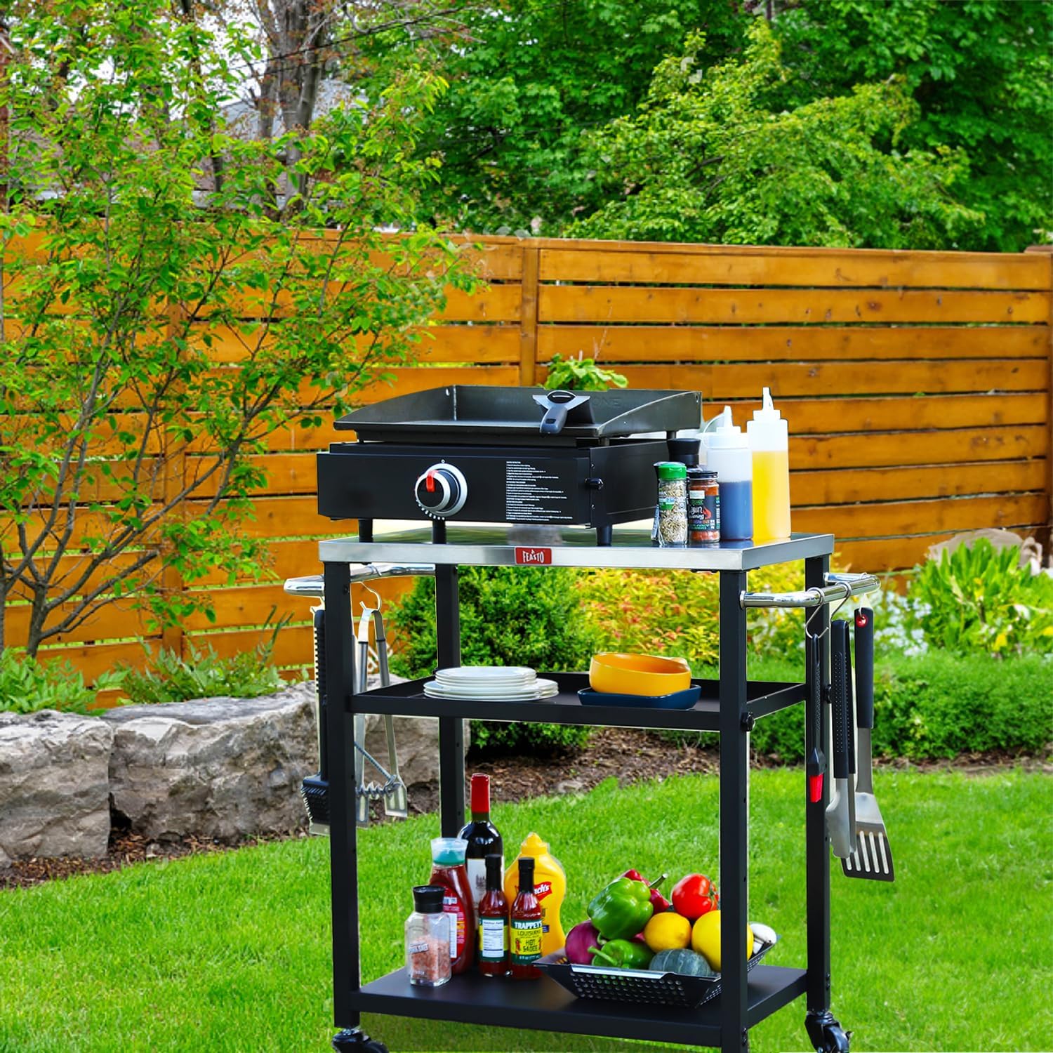 Adjustable 3-Shelf Indoor & Outdoor Grill Table | Portable Work Table with Stainless Steel Tabletop