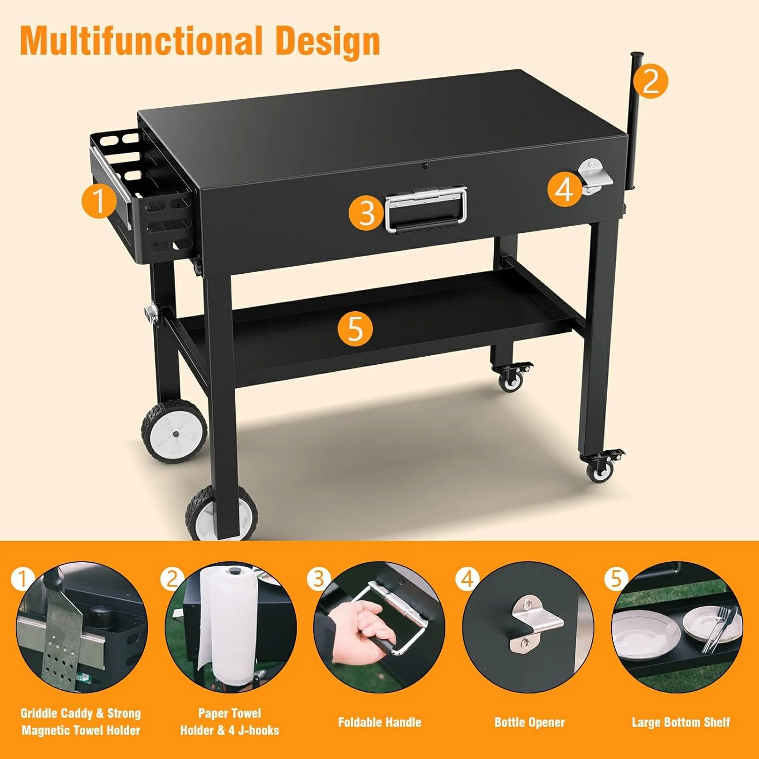 Portable Grill Table Cart for Outdoor Grills and Pizza Ovens, Universal Foldable Stand with Large Space