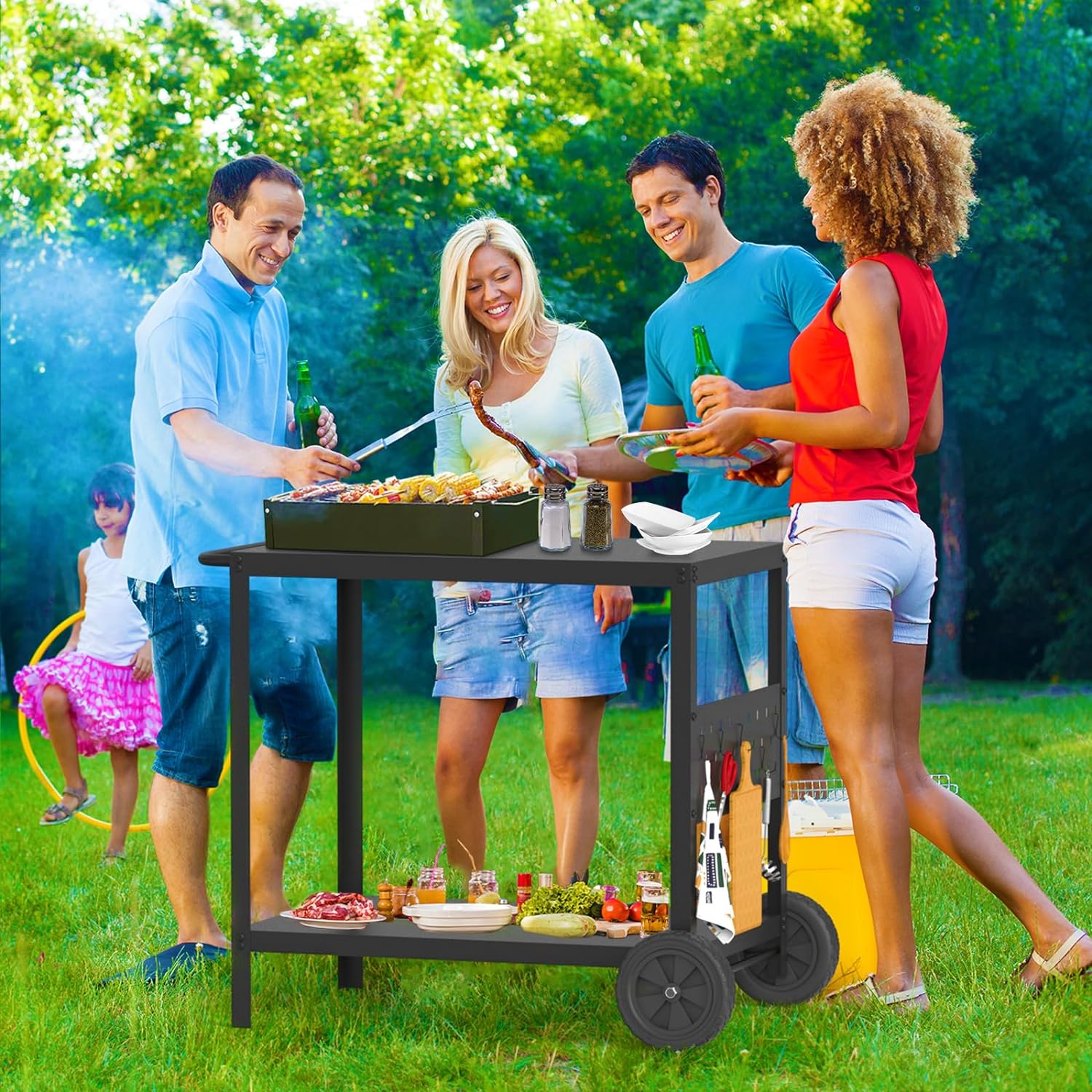 Double-Shelf Grill Table with Movable Pizza Oven Stand - Outdoor Kitchen Island