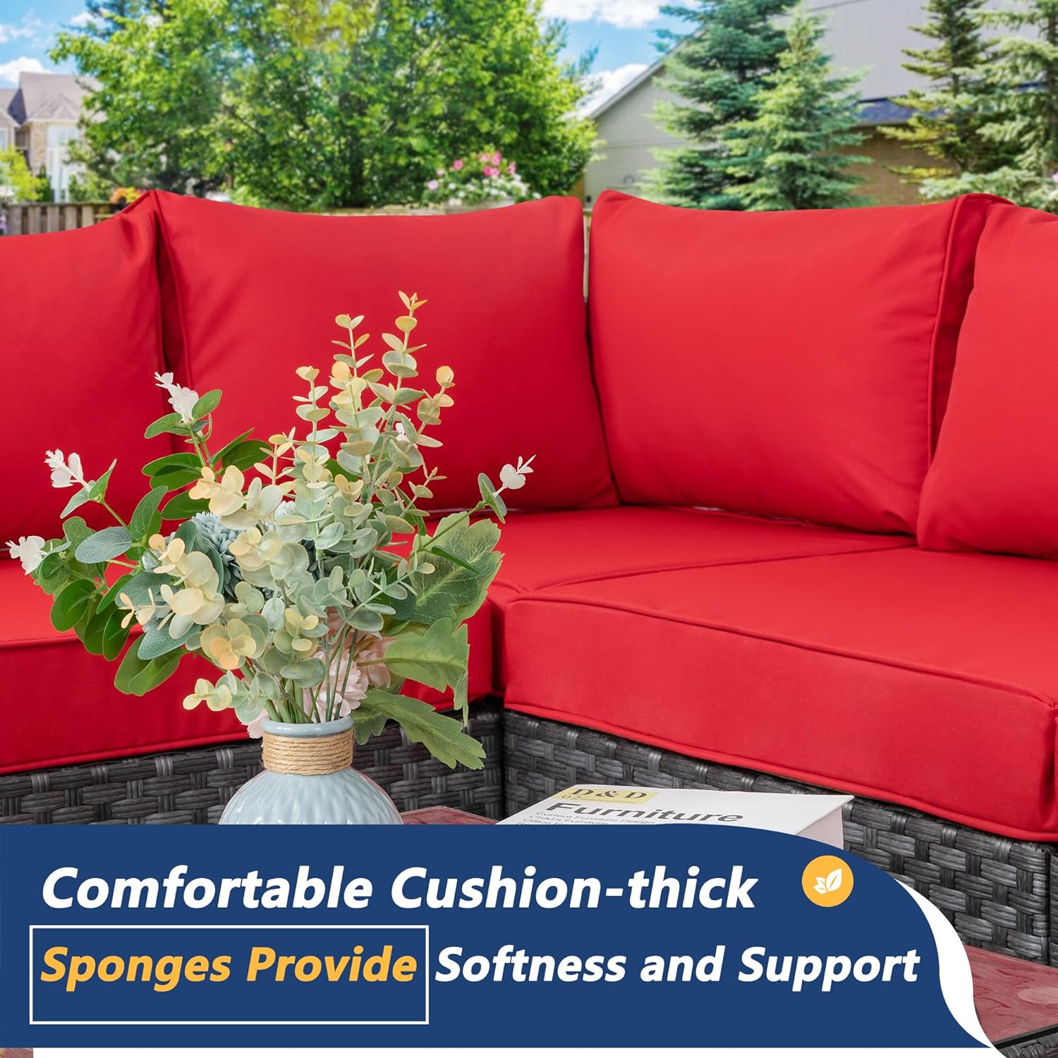 Shintenchi 5 Pieces Outdoor Patio Sectional Sofa Couch, Silver Gray PE Wicker Furniture Conversation Sets with Washable Cushions & Glass Coffee Table for Garden, Poolside, Backyard (Aegean Blue)