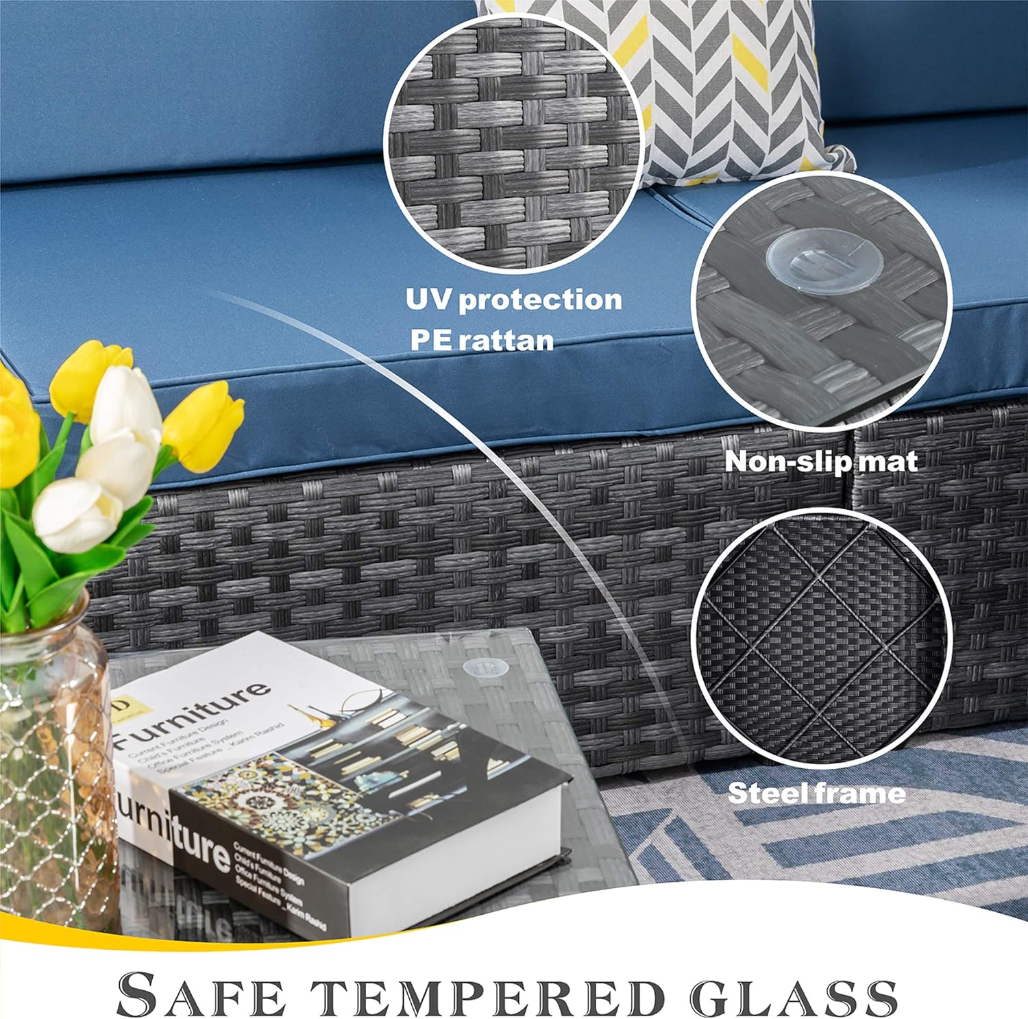 Shintenchi 5 Pieces Outdoor Patio Sectional Sofa Couch, Silver Gray PE Wicker Furniture Conversation Sets with Washable Cushions & Glass Coffee Table for Garden, Poolside, Backyard (Aegean Blue)