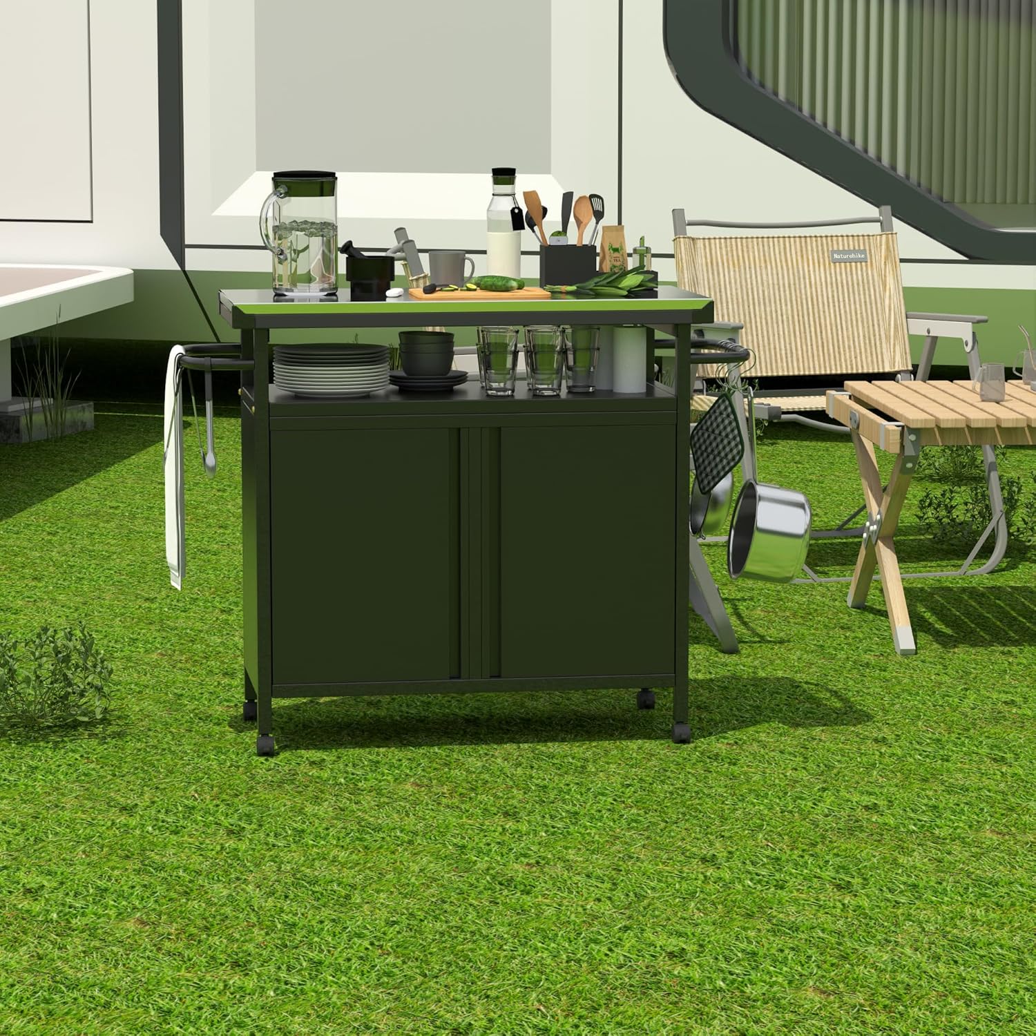 Outdoor Grill Cart with Stainless Steel Top and Storage, Black