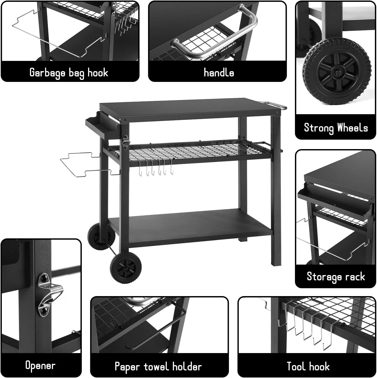 Three Shelf Grill Cart Table - Movable Outdoor Dining Cart