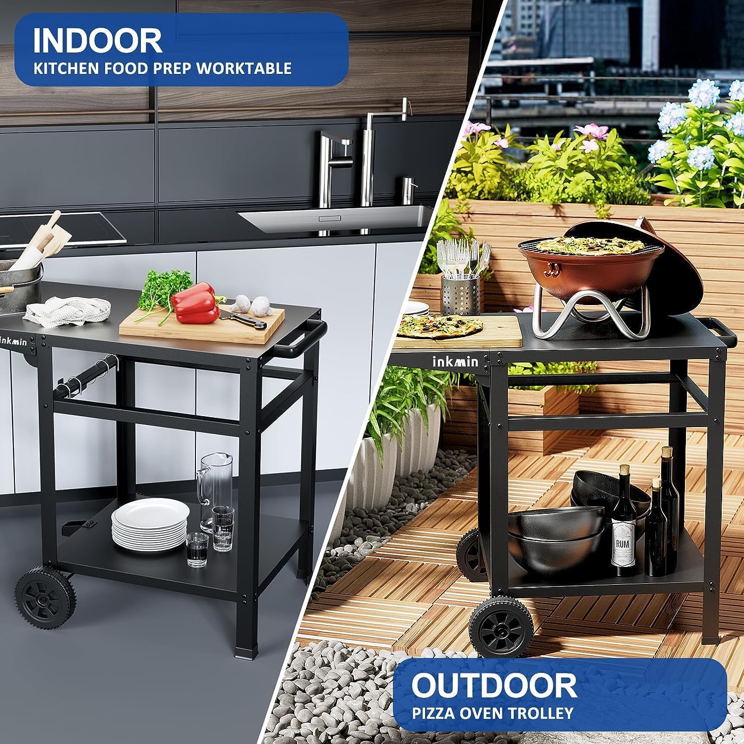 Outdoor Pizza Oven Cart Double-Shelf Movable BBQ Grill Table