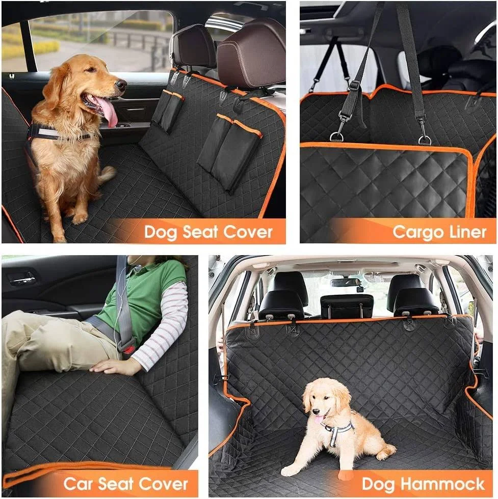 Giomoc Dog Car Seat Cover for Back Seat, Waterproof Seat Protector Scratchproof Pet Hammock with 4 Bags Side Flaps, Washable Nonslip Backseat