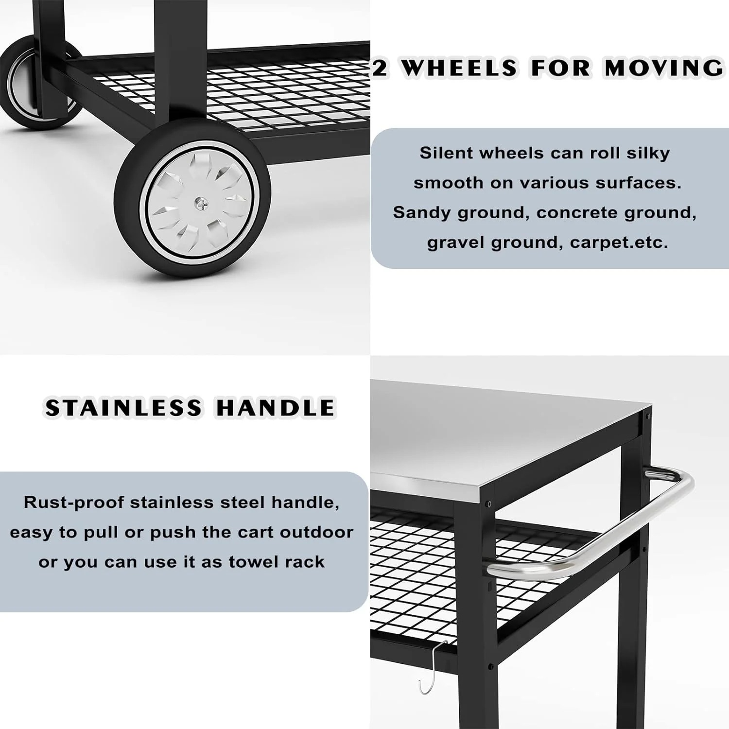 Stainless Steel Grill Cart, Movable Food Prep Table with Wheels and Handle - Heavy Duty Outdoor Cart