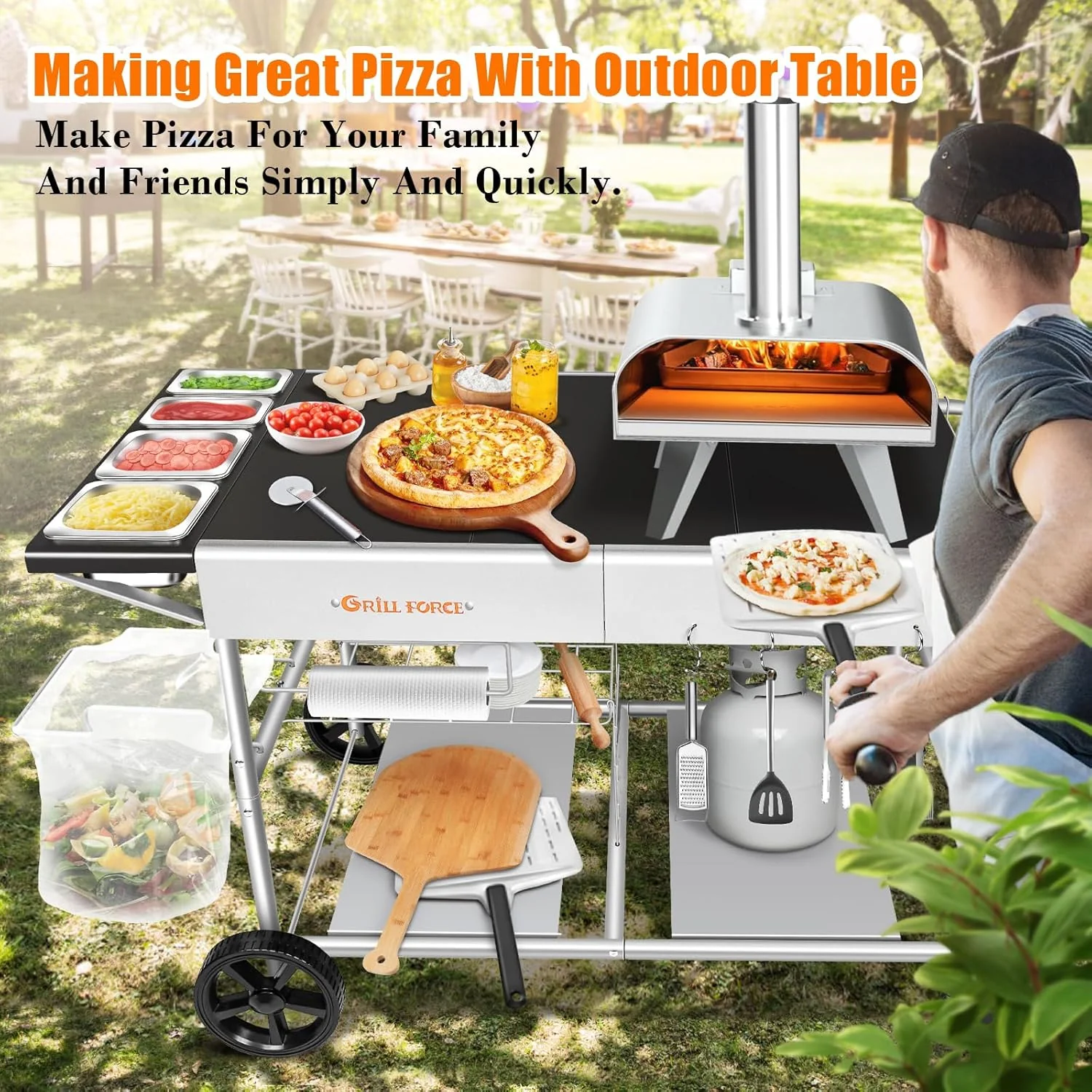 Pizza Oven Table with Topping Station, Movable Stand for Outdoor Grilling - Black