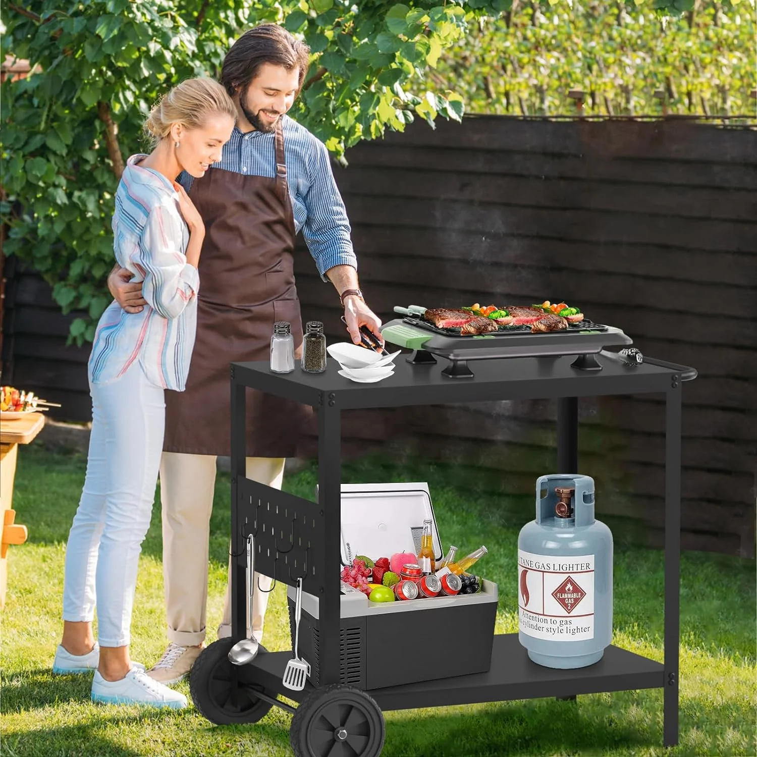 Double-Shelf Grill Table with Movable Pizza Oven Stand - Outdoor Kitchen Island