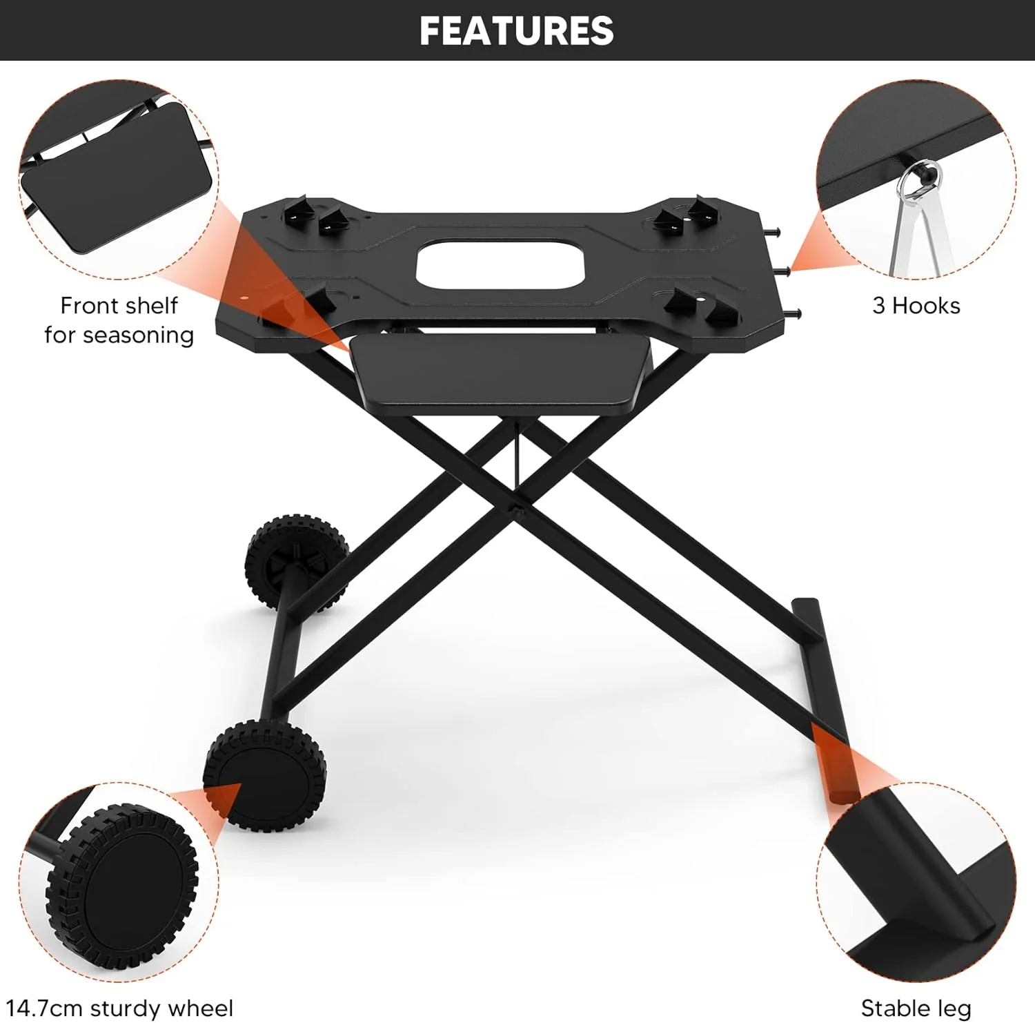 Portable Grill Cart for Weber Q Series Gas Grills by - Upgraded Outdoor Grill Stand with Hooks and Folding Shelf