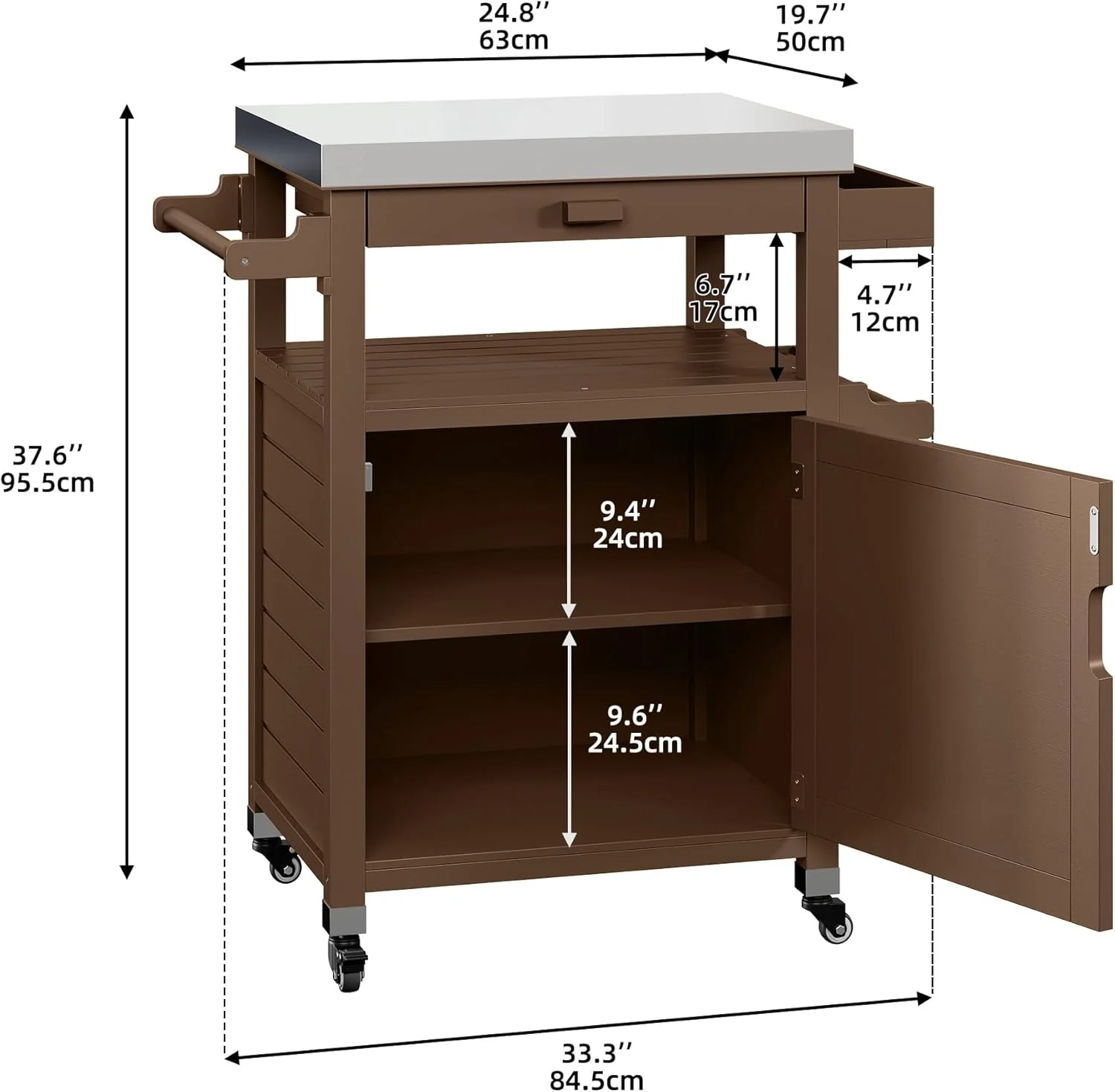 Solid Wood Outdoor Grill Cart with Stainless Steel Top, Brown