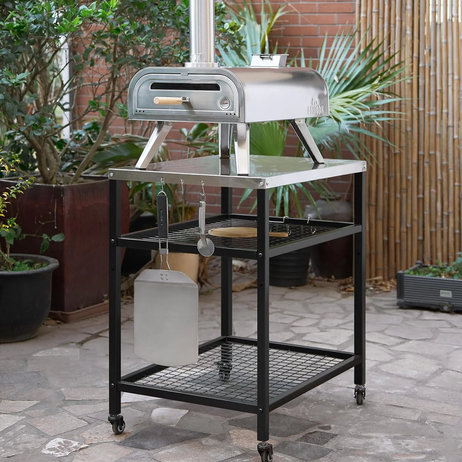 Stainless Steel Grill Cart - Pizza Oven Stand with Wheels, Three-Shelf Outdoor Trolley