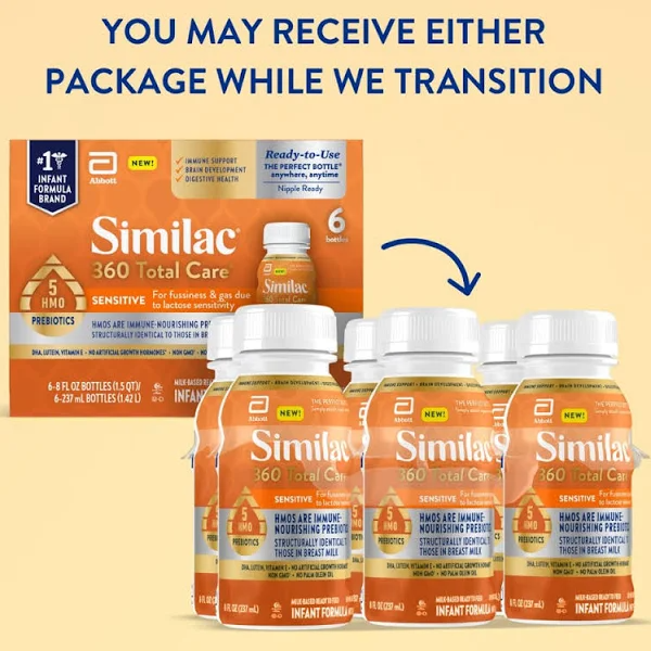 Similac 360 Total Care Infant Formula with Iron, Milk-Based, Ready to Feed, Sensitive - 6 pack, 8 fl oz bottles