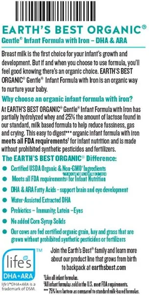 Earth's Best Organic Gentle Infant Formula with Iron, Milk-Based Powder - 21 oz