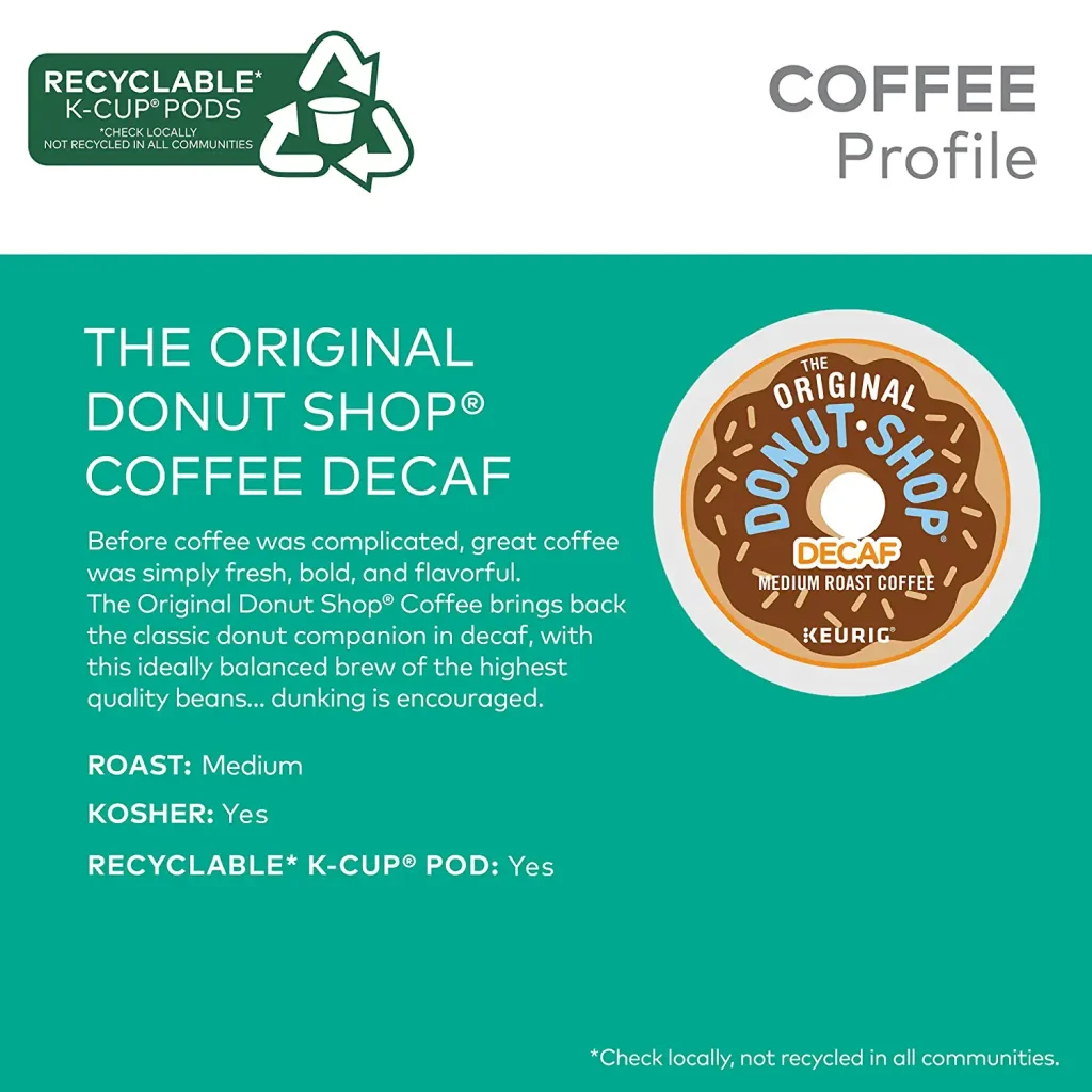 The Original Donut Shop Decaf Medium Roast K-Cup Pods, 96 Count – Compatible with Keurig, Kosher Certified, Recyclable