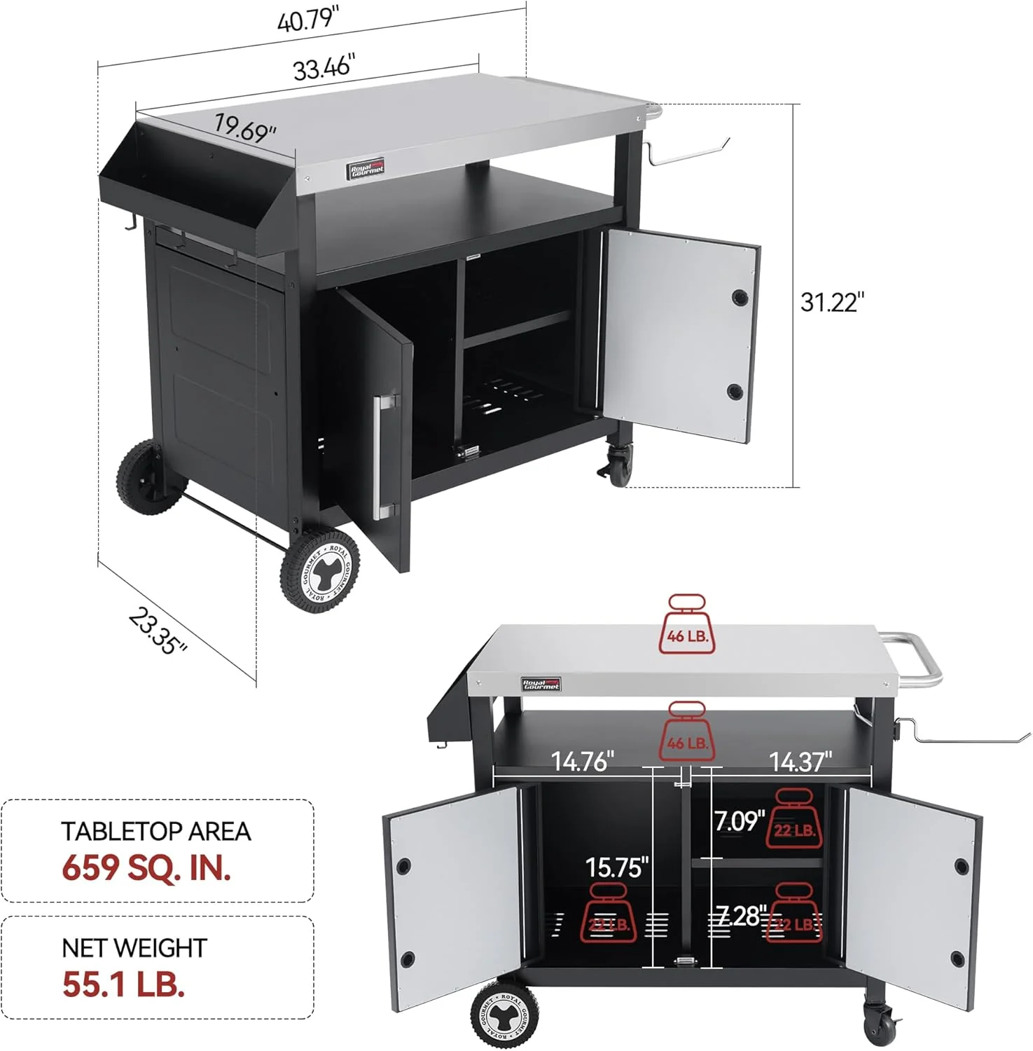 Outdoor Grill Cart with Wheels - Stainless Steel Kitchen Island