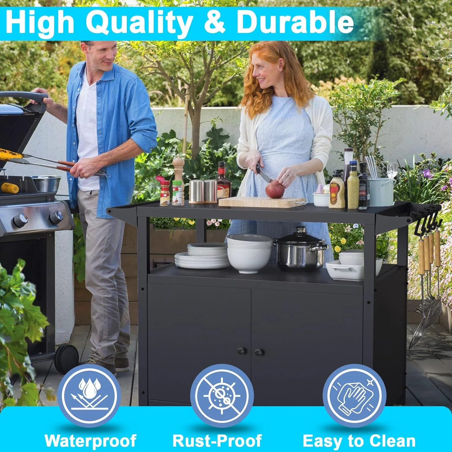 Outdoor Grill Table with Storage, Movable Grill Cart, BBQ Serving Cart with Utensil Hooks