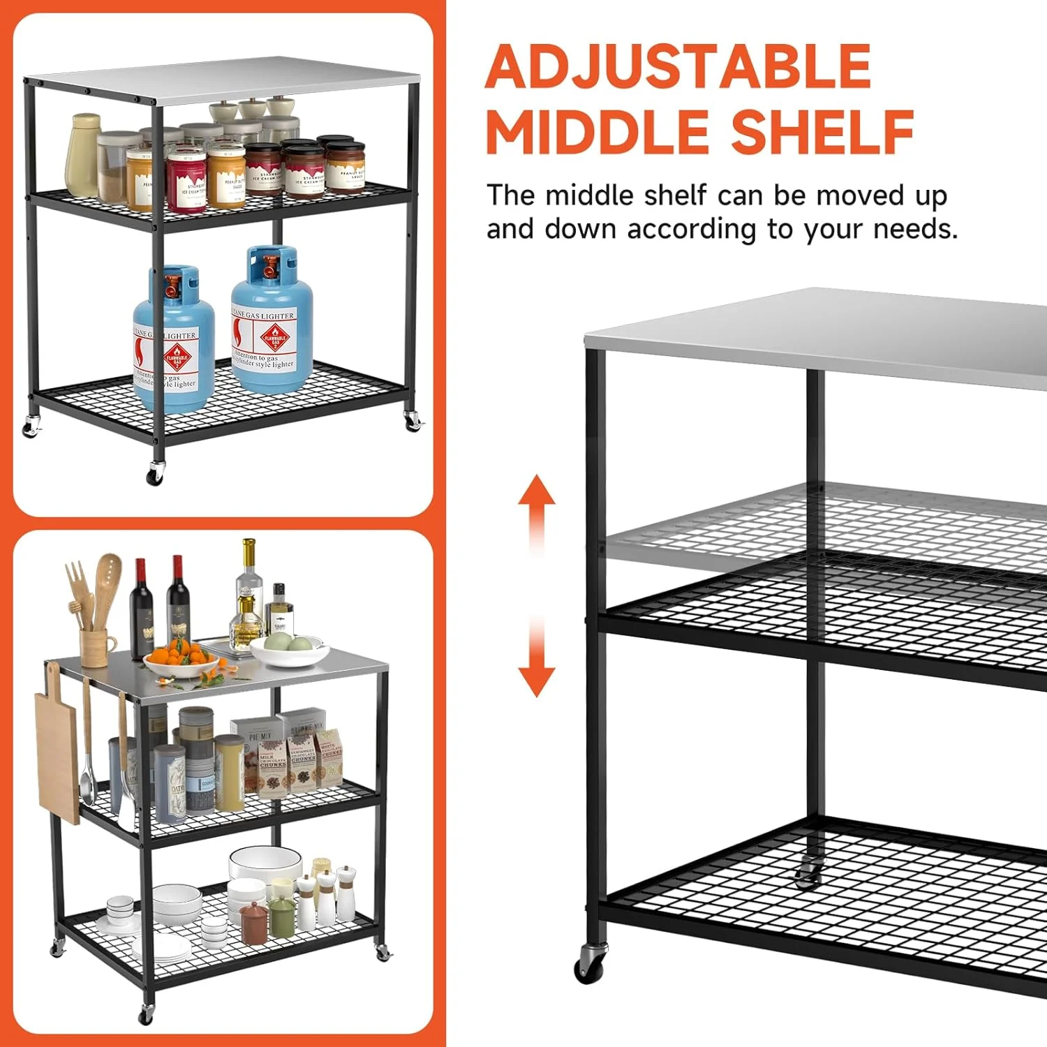 Outdoor Grill Cart with Wheels - Three-Shelf Stainless Steel Pizza Oven Stand