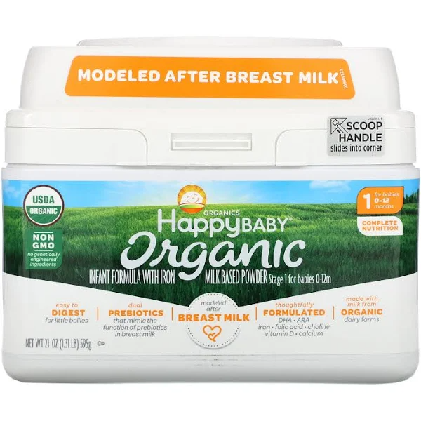 Happy Baby Organic Infant Formula with Iron, Milk Based Powder, Stage 1 - 21 oz pack