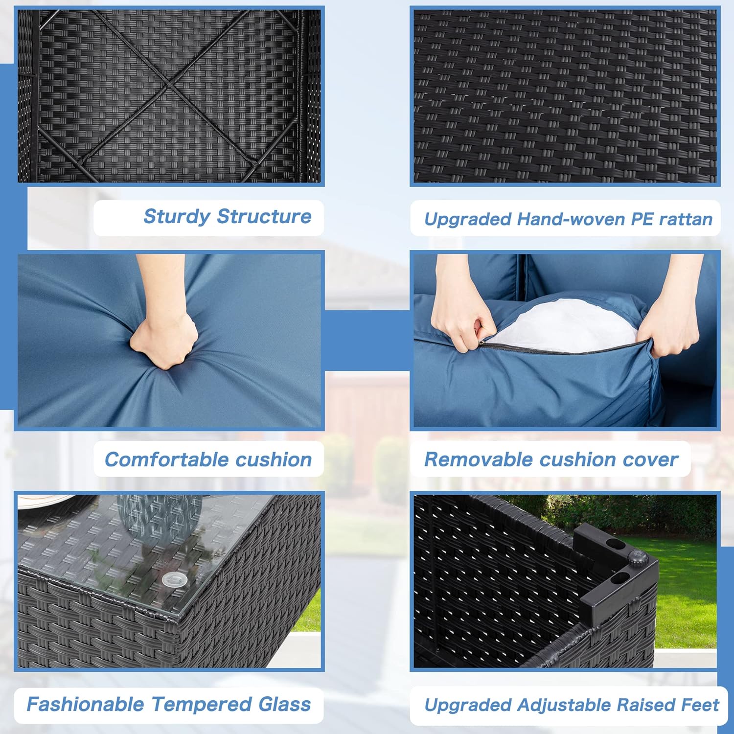 Shintenchi 5 Pieces Outdoor Patio Sectional Sofa Couch, Silver Gray PE Wicker Furniture Conversation Sets with Washable Cushions & Glass Coffee Table for Garden, Poolside, Backyard (Aegean Blue)