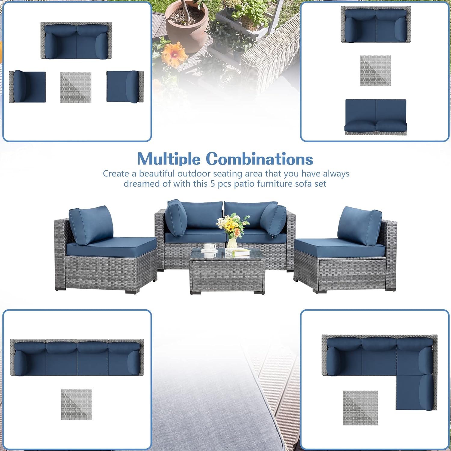 Shintenchi 5 Pieces Outdoor Patio Sectional Sofa Couch, Silver Gray PE Wicker Furniture Conversation Sets with Washable Cushions & Glass Coffee Table for Garden, Poolside, Backyard (Aegean Blue)