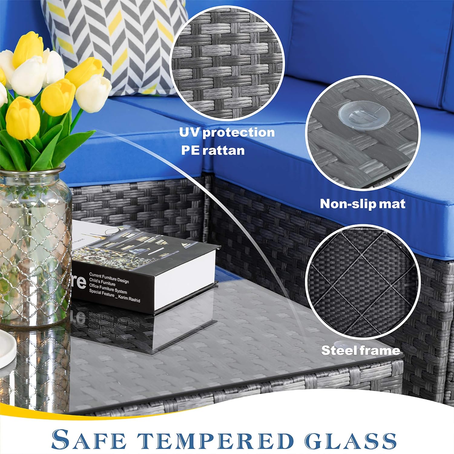 Shintenchi 5 Pieces Outdoor Patio Sectional Sofa Couch, Silver Gray PE Wicker Furniture Conversation Sets with Washable Cushions & Glass Coffee Table for Garden, Poolside, Backyard (Aegean Blue)