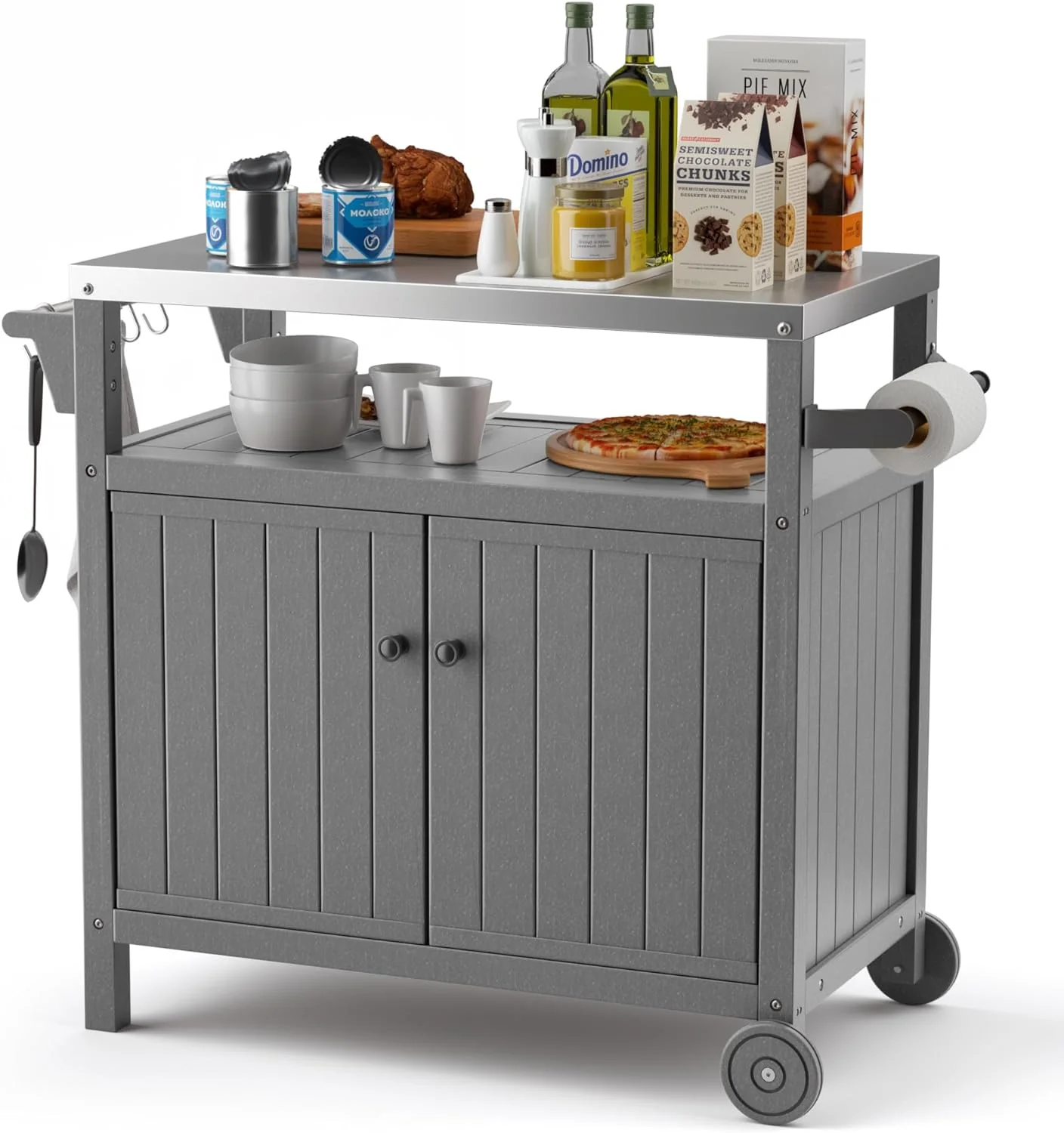 Portable Outdoor Grill Prep Table with Storage, Waterproof Grill Cabinet, Stainless-Steel Tabletop Kitchen Island, BBQ Cart with Wheels and Hooks | Brown