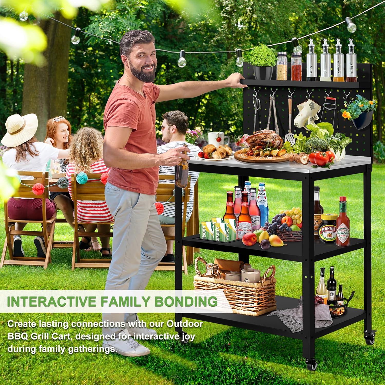 304 Stainless Steel Outdoor Grill Cart with Wheels | Movable BBQ Cart with Pegboard