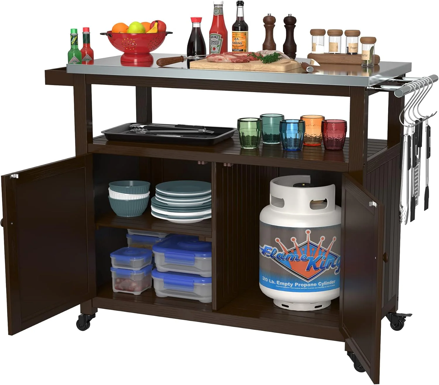 Outdoor Storage Cabinet Solid Wood Prep Grill Table with Stainless Steel Top - Dark Brown