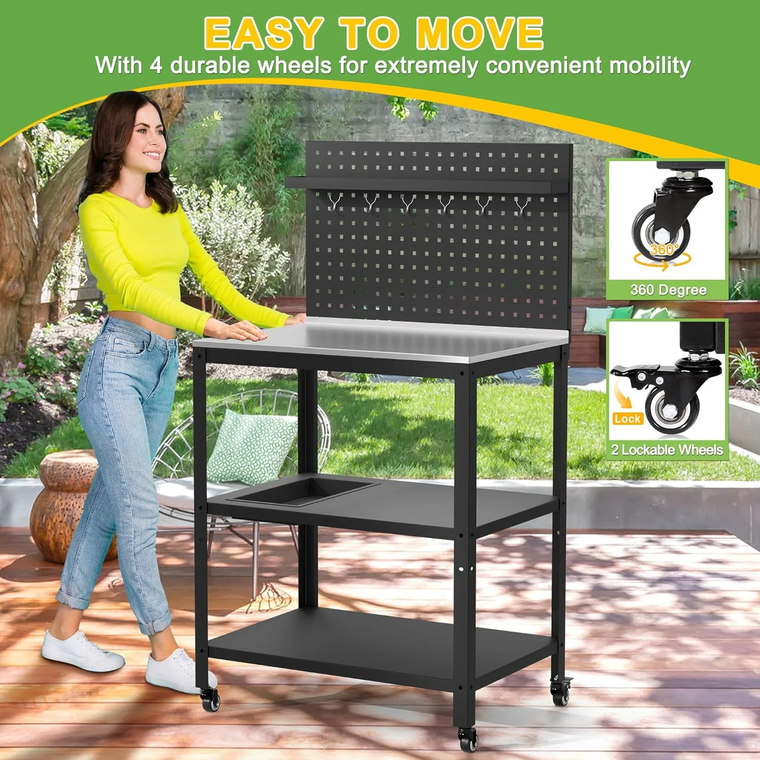 304 Stainless Steel Outdoor Grill Cart with Wheels | Movable BBQ Cart with Pegboard