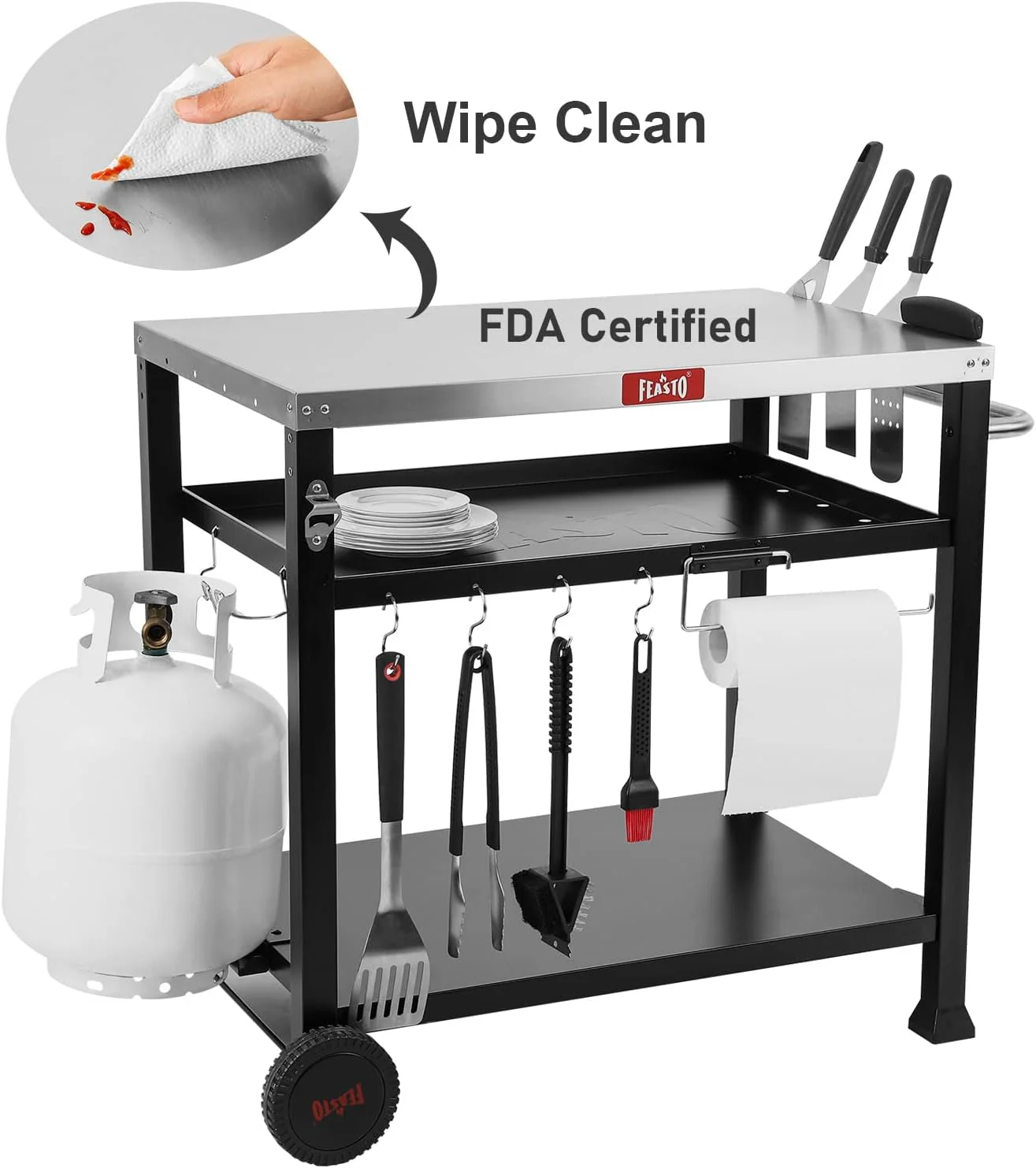 3-Shelf Outdoor Grill Table - Grill Cart Pizza Oven Table with Wheels