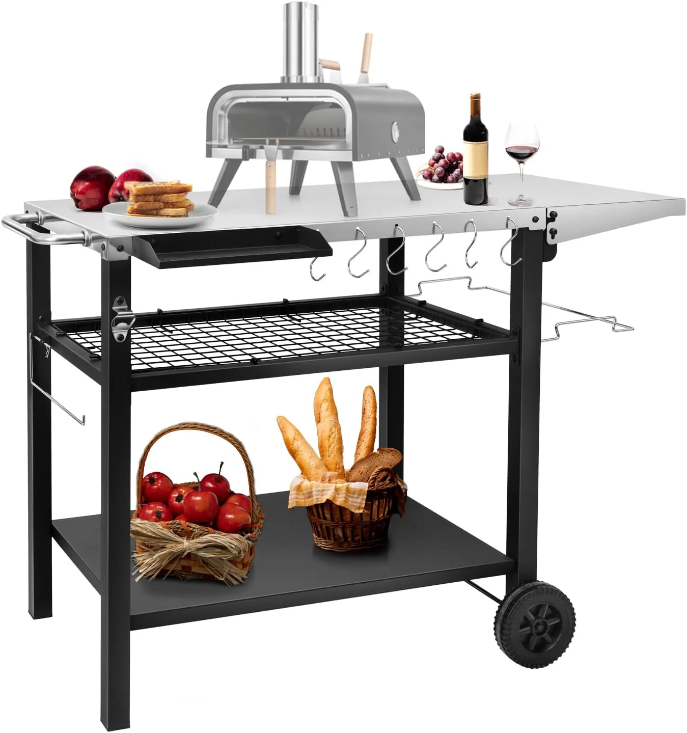 Outdoor Grill Cart Table Pizza Oven Stand, Stainless Steel Three-Shelf Food Prep Table with Wheels