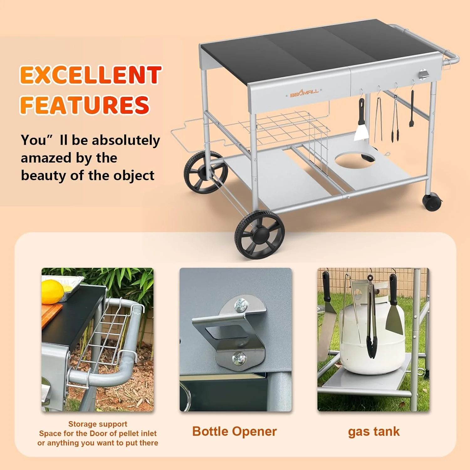 Outdoor Pizza Oven Table Cart | Movable Rolling Kitchen Cart for Ooni and Ninja Woodfire Grills