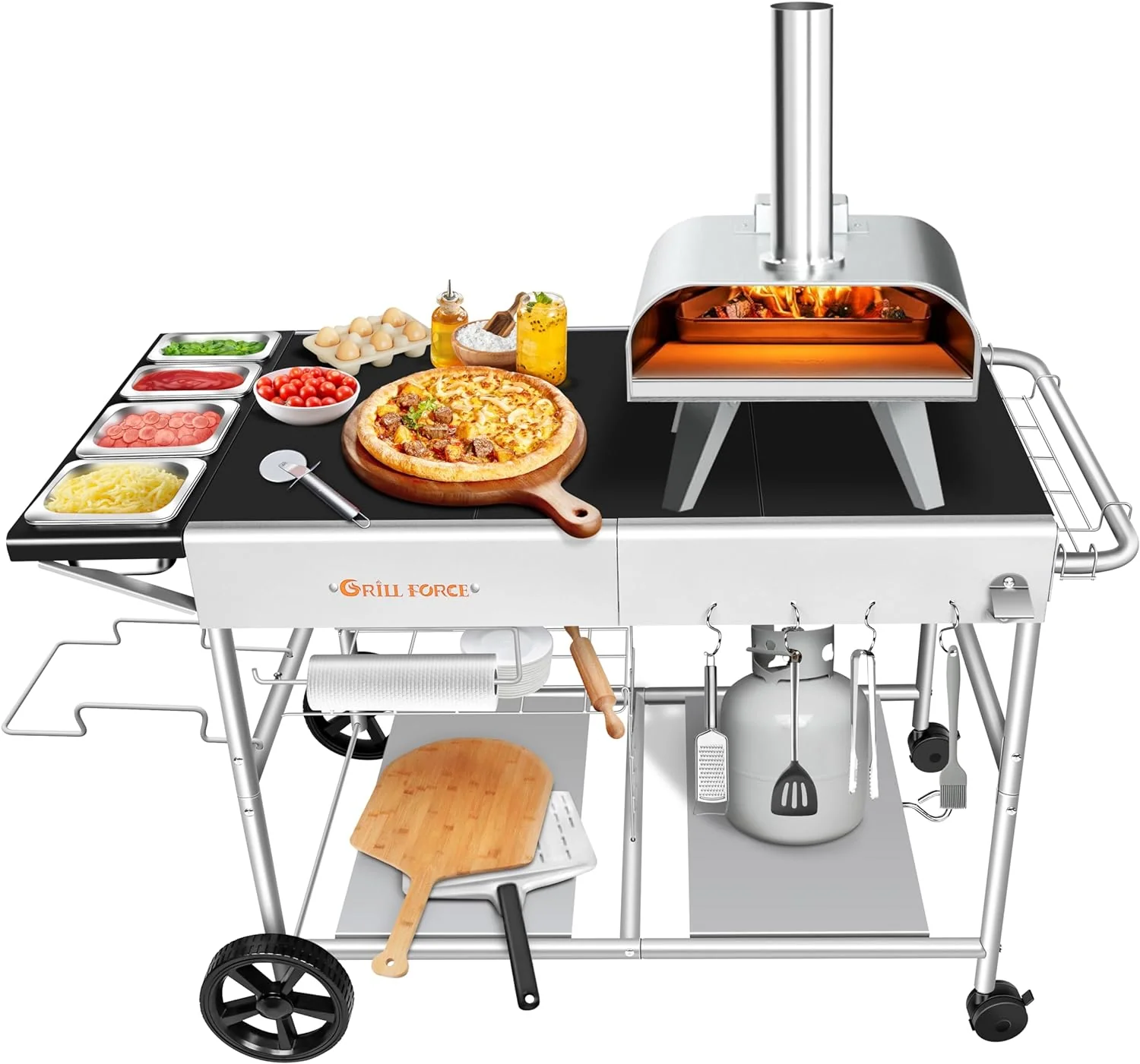 Pizza Oven Table with Topping Station, Movable Stand for Outdoor Grilling - Black