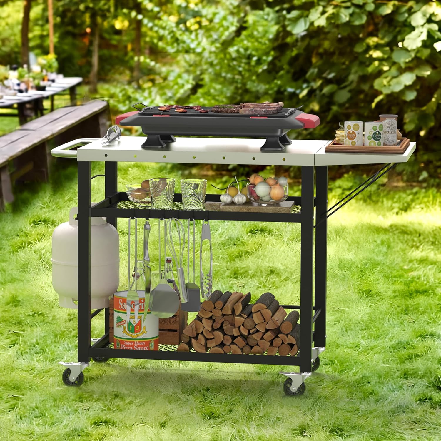 Outdoor Grill Cart Table - Foldable Side Table, Portable Pizza Oven Stand