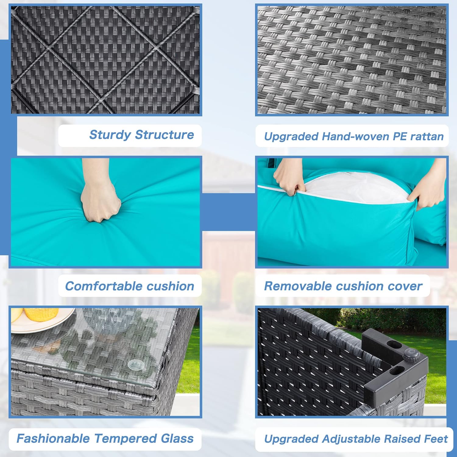 Shintenchi 5 Pieces Outdoor Patio Sectional Sofa Couch, Silver Gray PE Wicker Furniture Conversation Sets with Washable Cushions & Glass Coffee Table for Garden, Poolside, Backyard (Aegean Blue)