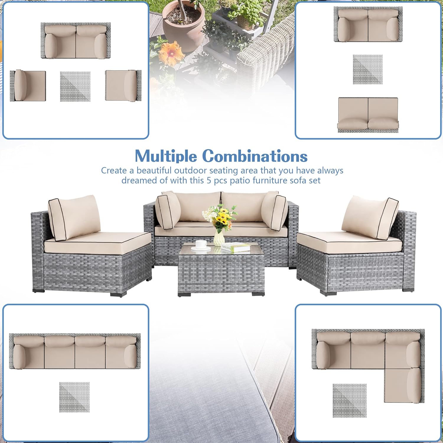 Shintenchi 5 Pieces Outdoor Patio Sectional Sofa Couch, Silver Gray PE Wicker Furniture Conversation Sets with Washable Cushions & Glass Coffee Table for Garden, Poolside, Backyard (Aegean Blue)